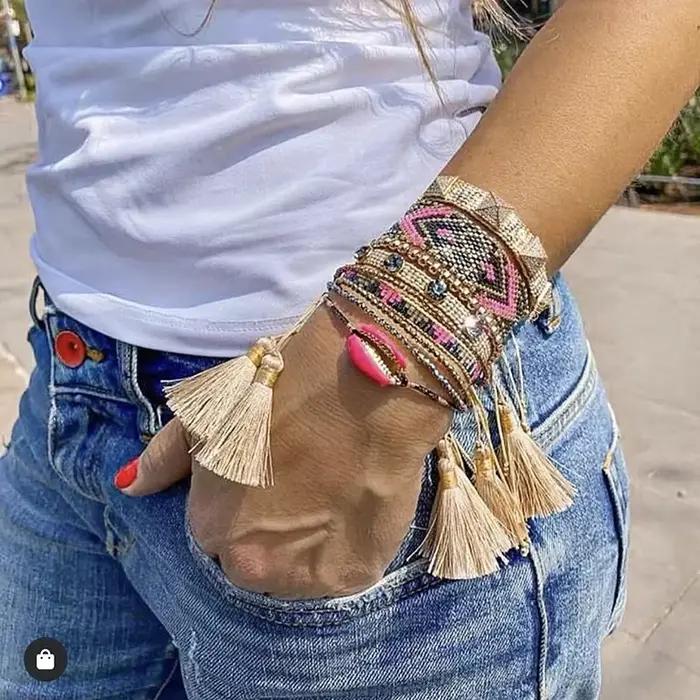 Ensemble de bracelets bohémien en perles de riz pour femmes, réglables, tissés à la main, géométrie, Rivets en coquillage, bijoux de perles polyvalents à la mode