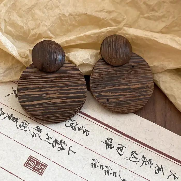 Boucles d'oreilles rondes géométriques bohème Vintage en bois pour femmes
