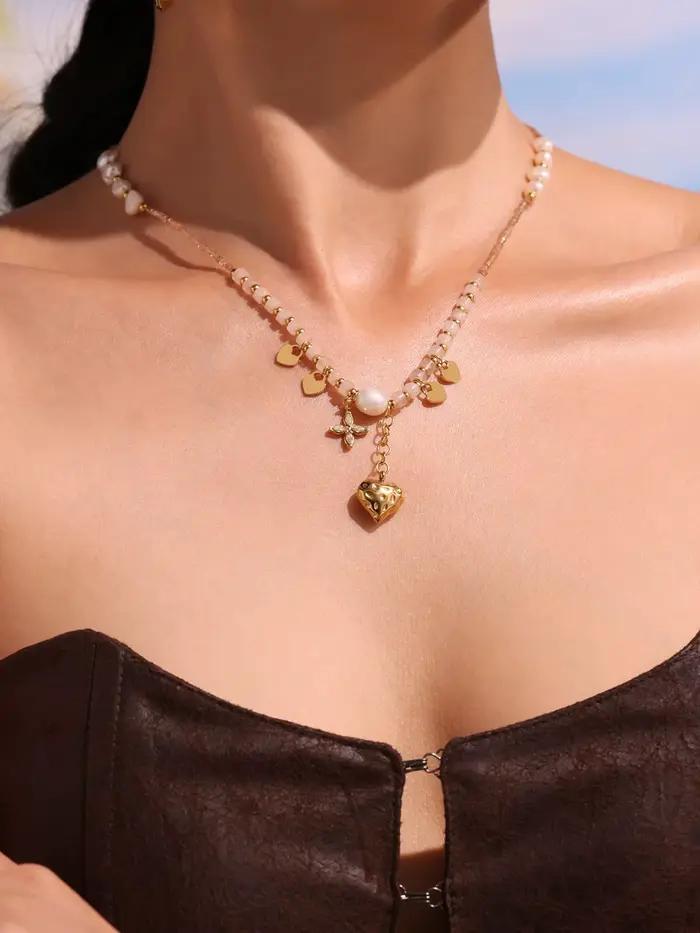 Collier pendentif coeur d'amour pour femmes, en acier inoxydable plaqué or avec perle d'eau douce, bijoux de luxe pour Banquet, charmant