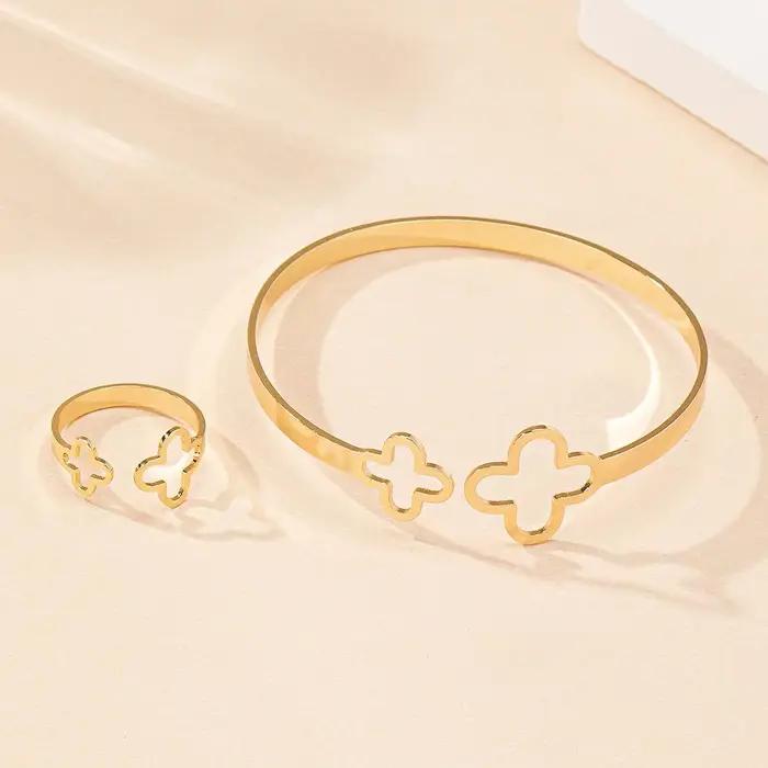 Ensemble de bijoux pour femmes : Bracelet et bague Fleur porte-bonheur, idéal pour un usage quotidie
