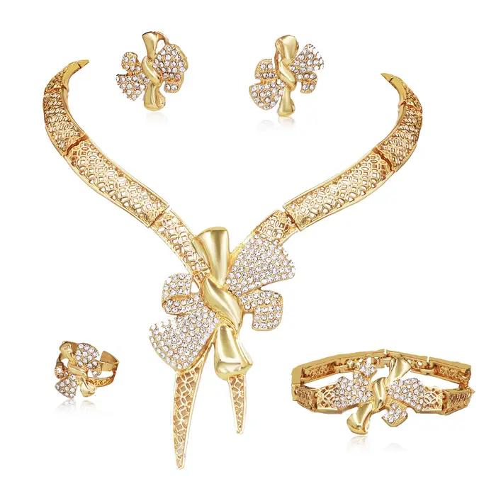Ensemble de bijoux de mariée plaqué or 18 carats noeud papillon collier bracelet boucle d'oreille anneau pour les femmes occasions spéciales